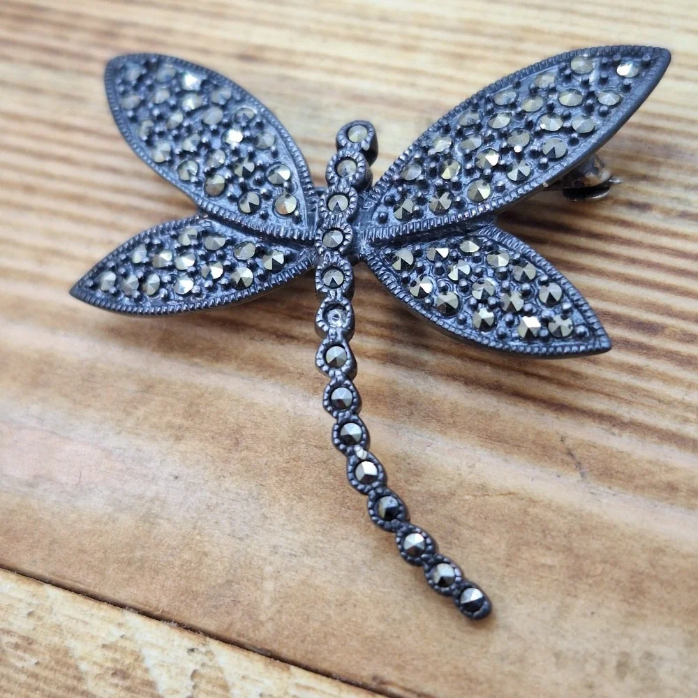 Dragonfly Brooch Pin Sterling Silver 925 Marcasite‎  CFJ - Missing A Stone